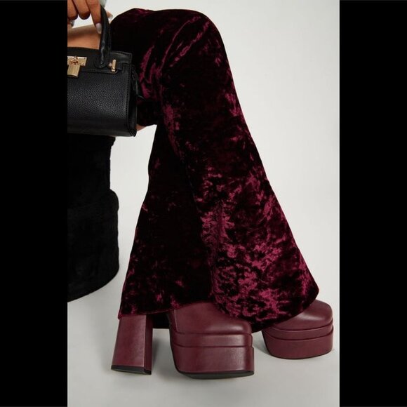 Good Will Unique Thigh High Wine Red Velvet Fold over Chunky Heel Platform Boots - Picture 8 of 10